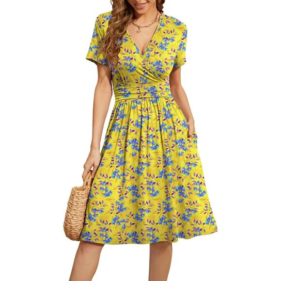 Dresses & Skirts - Women Blue Leaf Short Sleeve V-Neck Floral Stretchy Party Dress with Pockets